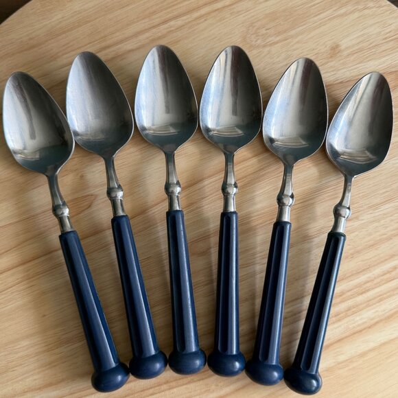 Set Of 8 Oxford Blue Handled Stainless Steel Tablespoons  7.5" Vintage Retro - Picture 1 of 12